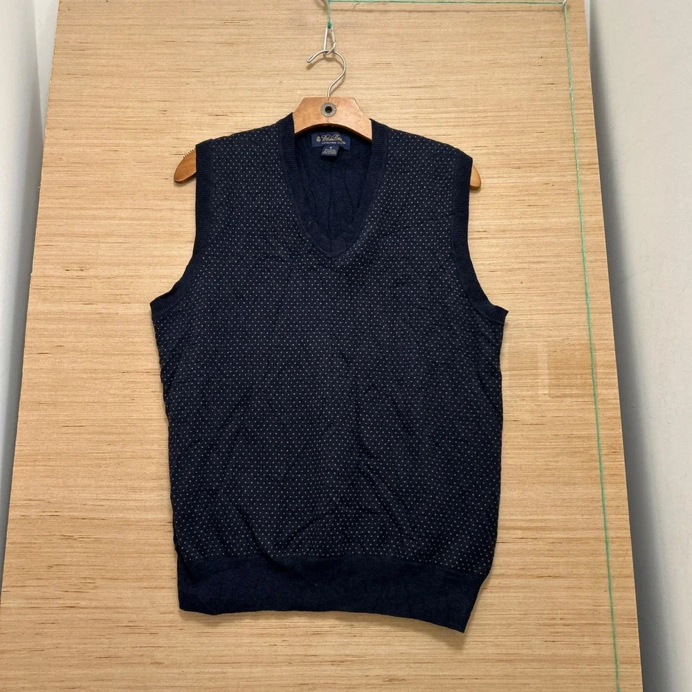 Brooks Brothers Mens Navy Blue Cotton Cashmere V-Neck Micro Dot Sweater Vest M